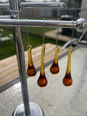 Handblown Amber Glass Teardrop Dangle Chandelier Icicle Ornaments - Set of 4